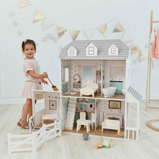 Teamson Kids - Dreamland Farm House Dollhouse - White / Grey - Preschool