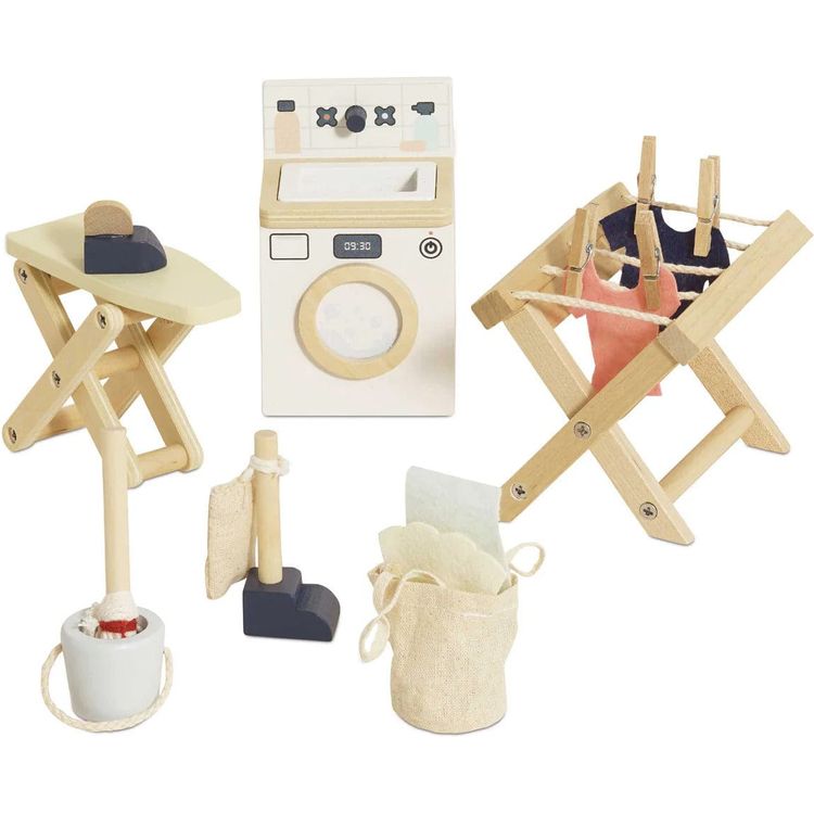 Le Toy Van - 16 Piece Wooden Dollhouse Laundry Room Set - Dolls