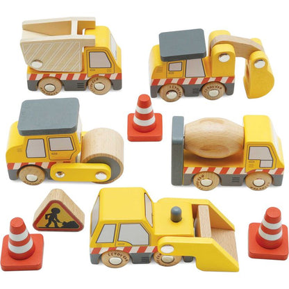 Le Toy Van - 7 Piece Wood Construction Toy Cars, Trucks & Diggers Set - Preschool