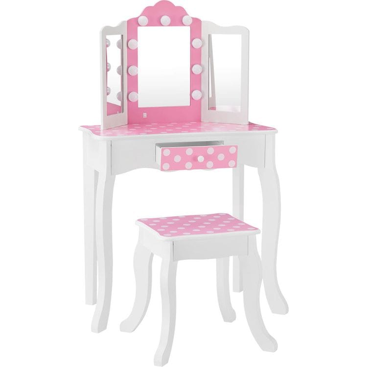 Teamson Kids - Fantasy Fields Gisele Polka Dot Kids Vanity Table & Stool with LED - Room Decor
