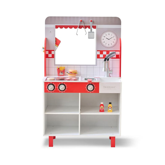 Teamson Kids - Flip & Fry Wooden Burger Shop with 29 Pcs Accessories - Preschool