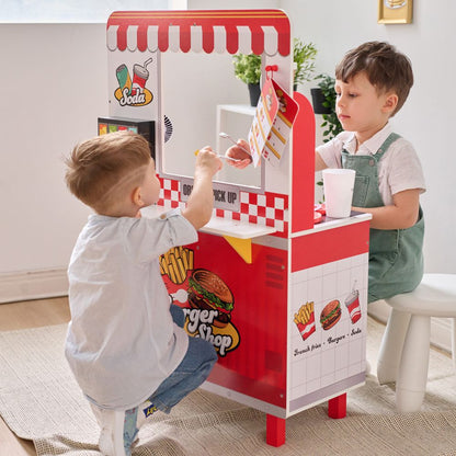 Teamson Kids - Flip & Fry Wooden Burger Shop with 29 Pcs Accessories - Preschool