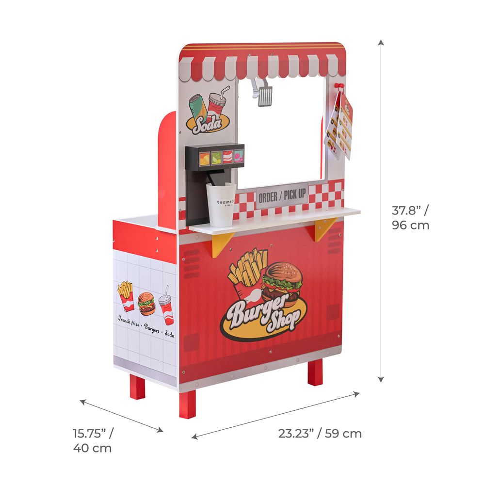 Teamson Kids - Flip & Fry Wooden Burger Shop with 29 Pcs Accessories - Preschool