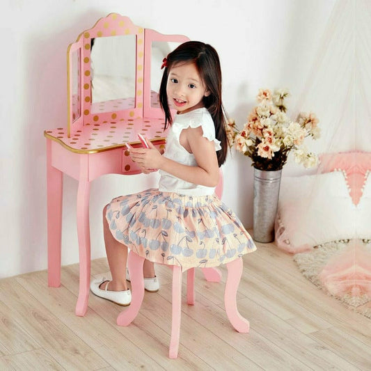 Teamson Kids - Gisele Polka Dot Vanity with Mirror & Stool - Pink - Room Decor