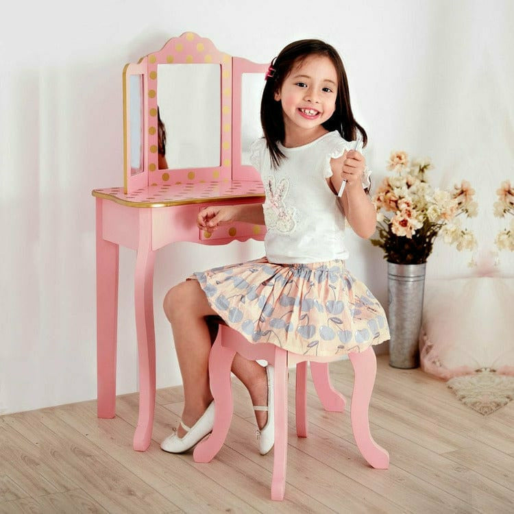 Teamson Kids - Gisele Polka Dot Vanity with Mirror & Stool - Pink - Room Decor