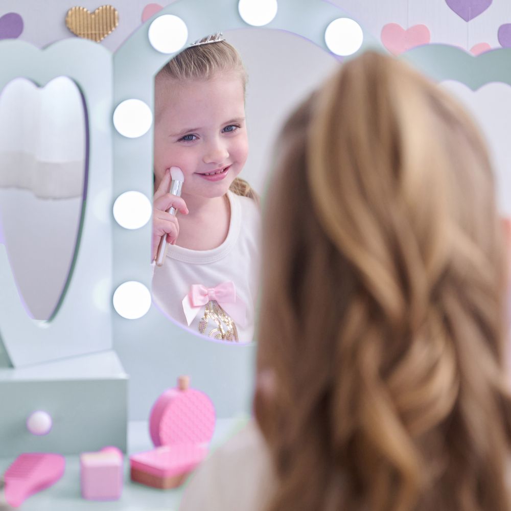 Teamson Kids - Heart Glow Wooden Vanity Set with LED Lights Mirror & Stool - Blue - Room Decor