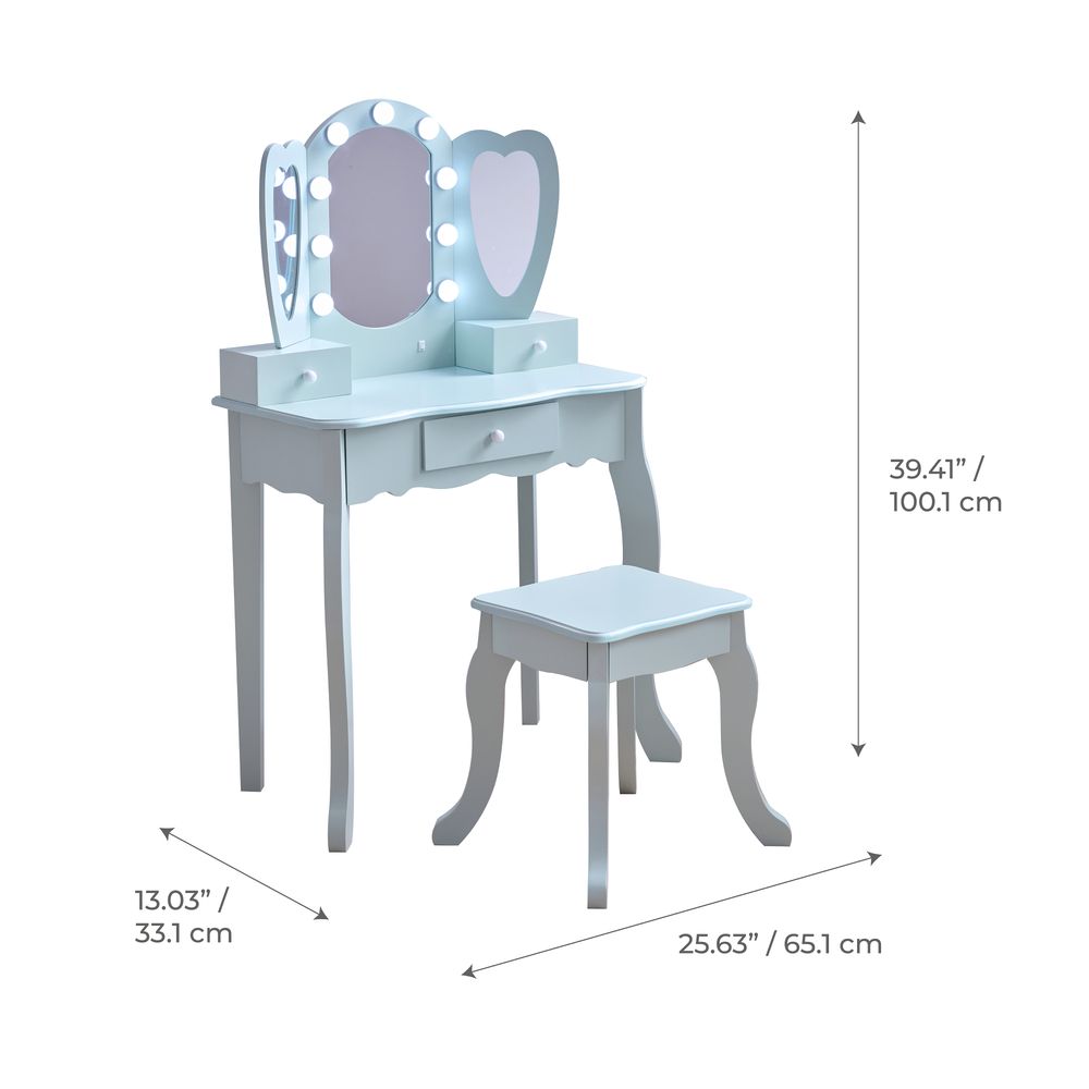 Teamson Kids - Heart Glow Wooden Vanity Set with LED Lights Mirror & Stool - Blue - Room Decor