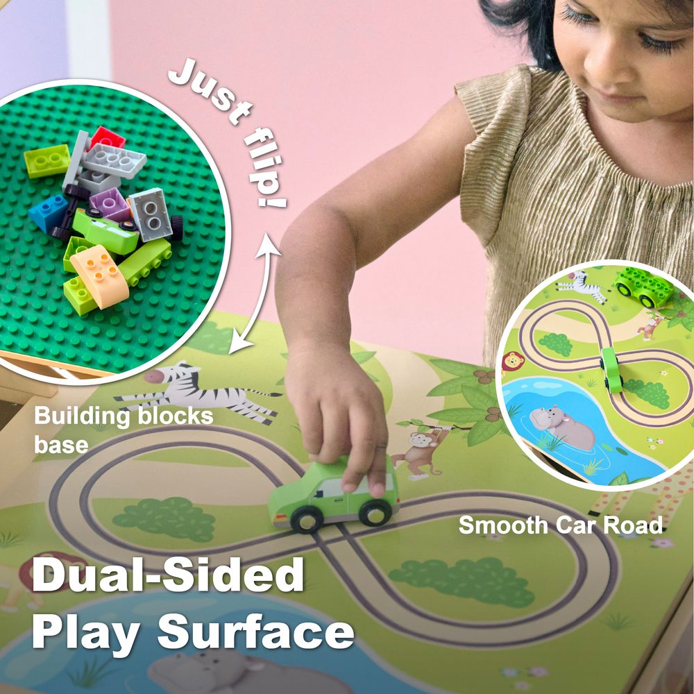 Teamson Kids - Jungle Giraffe 2-in-1 Wooden Activity Table + 23 Accessories & 1 Car - Preschool