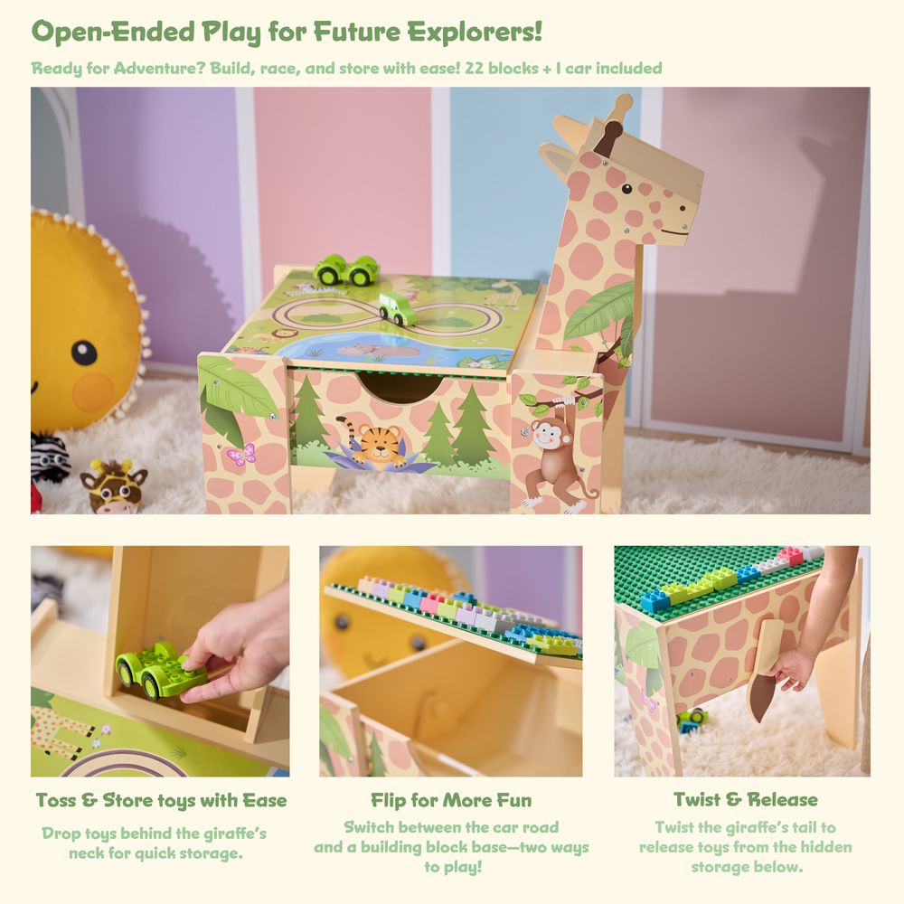 Teamson Kids - Jungle Giraffe 2-in-1 Wooden Activity Table + 23 Accessories & 1 Car - Preschool