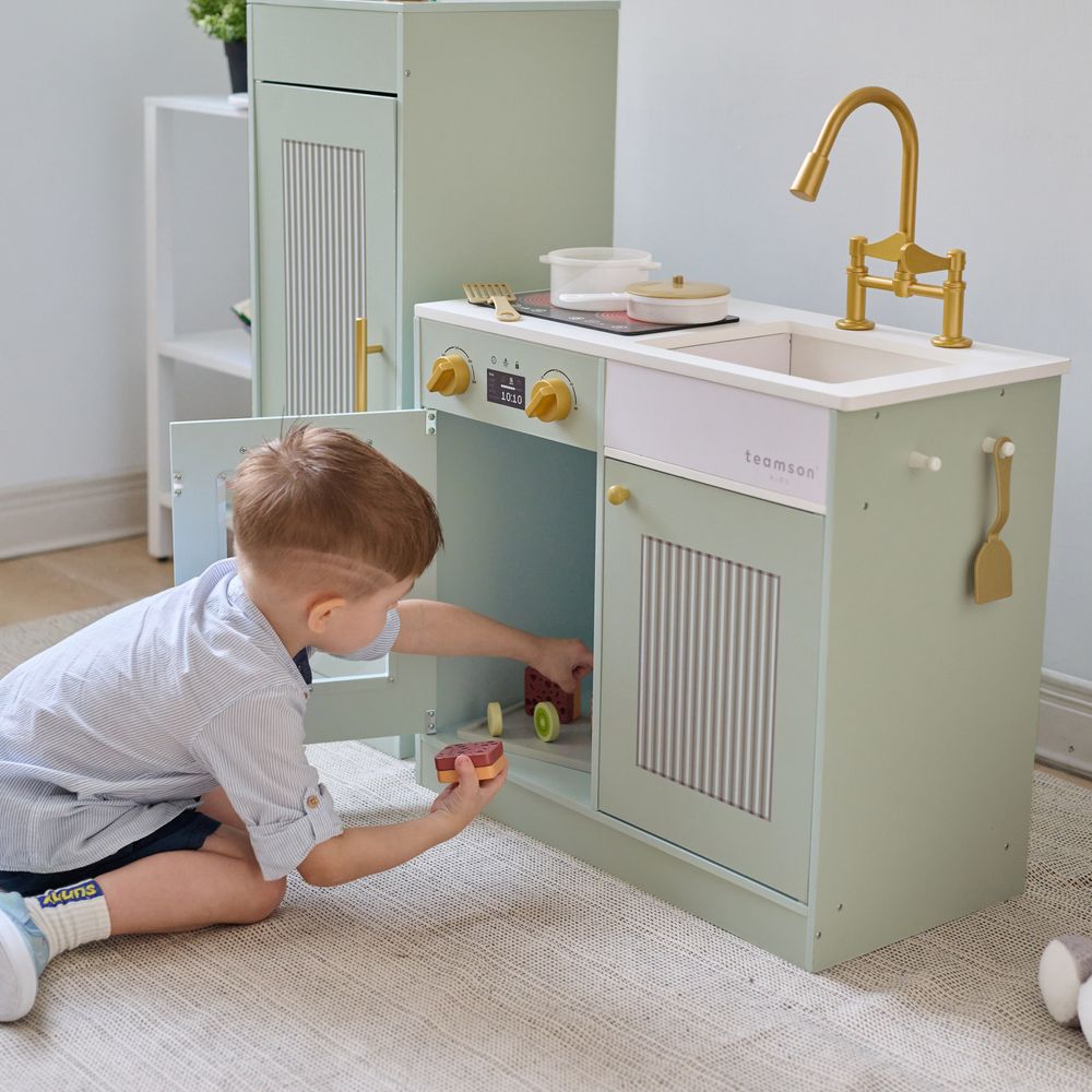 Teamson Kids - Little Chef Chester Wooden Play Kitchen with Large Fridge & Sink - Green - Preschool