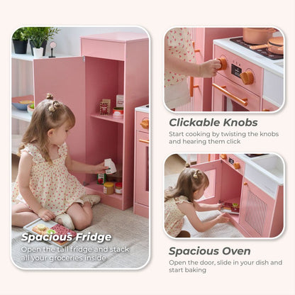 Teamson Kids - Little Chef Chester Wooden Play Kitchen with Large Fridge & Sink - Pink - Preschool