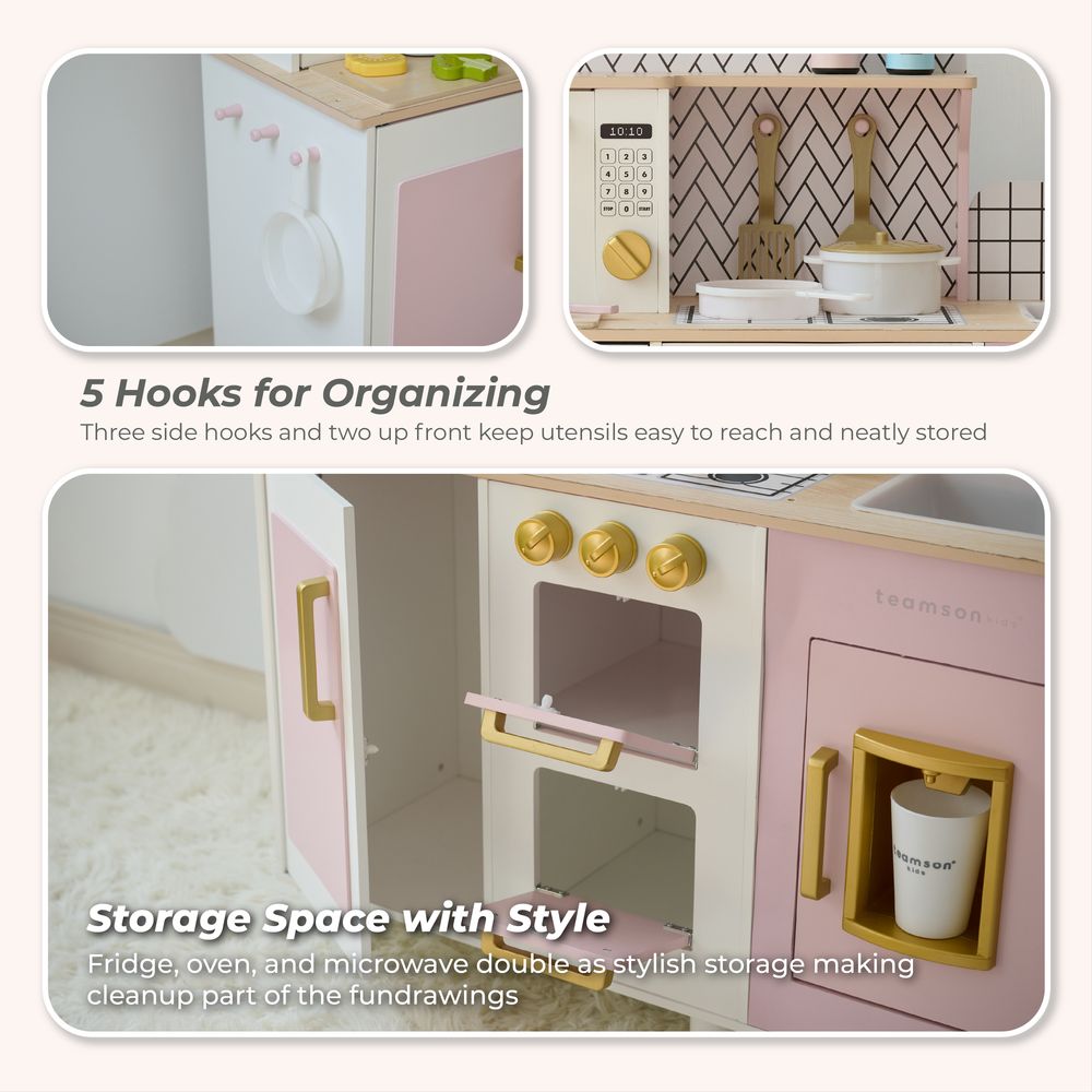 Teamson Kids - Little Chef Hampton Wooden Play Kitchen with Ice Dispenser & Sink - Pink - Preschool