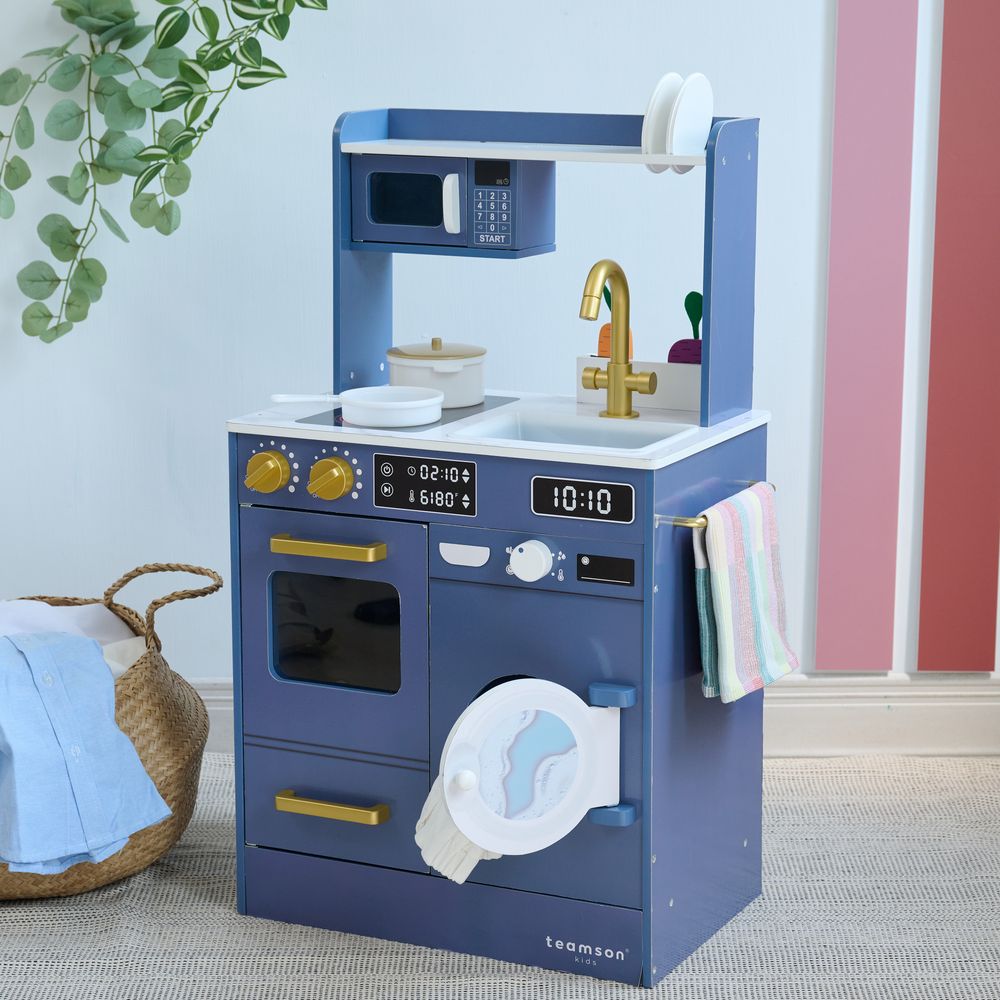 Teamson Kids - Little Chef Lake Tahoe Wooden Play Kitchen Washer & Mini Garden - Blue - Preschool