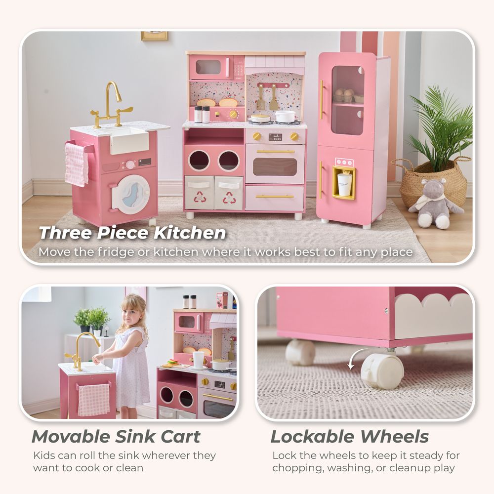Teamson Kids - Little Chef Savannah Wooden Play Kitchen with 3 Modular Pieces - Pink - Preschool