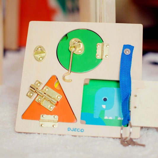 Djeco - LockBasic Locking and Unlocking Wooden Skill Board - Preschool