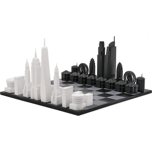 Skyline Chess - New York Versus Los Angeles Acrylic Chess Set with Black and White Wood Hatch Board - Games
