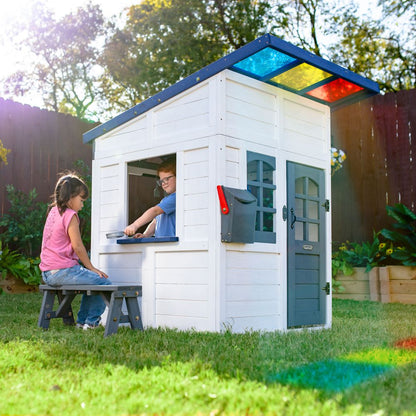 Teamson Kids - Rainbow Shade Wooden Playhouse with Kitchen, Flower Box & Bench - White - Outdoor